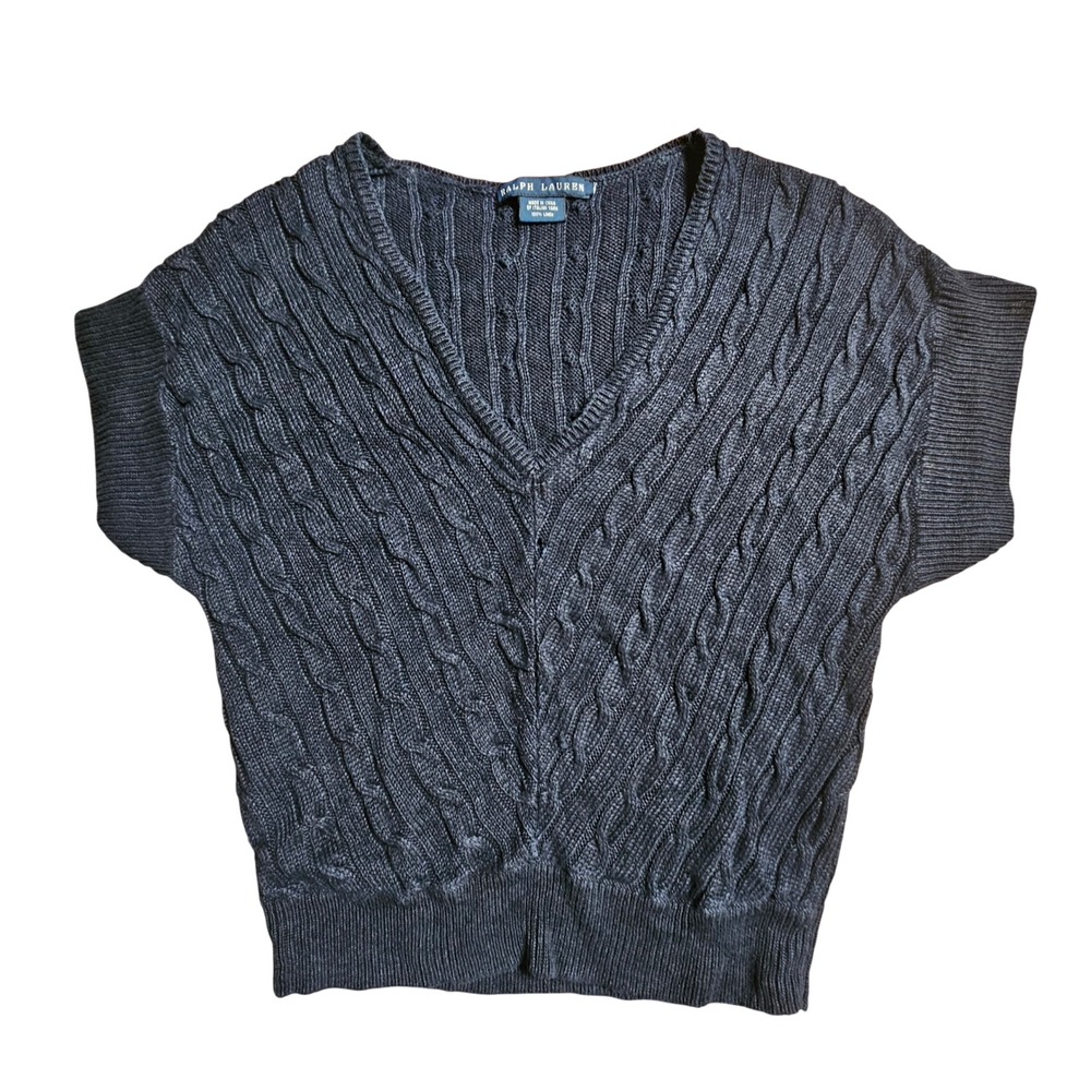Ralph Lauren Linen Cable Knit V-Neck Short Sleeve Sweater S Navy Quiet Luxury